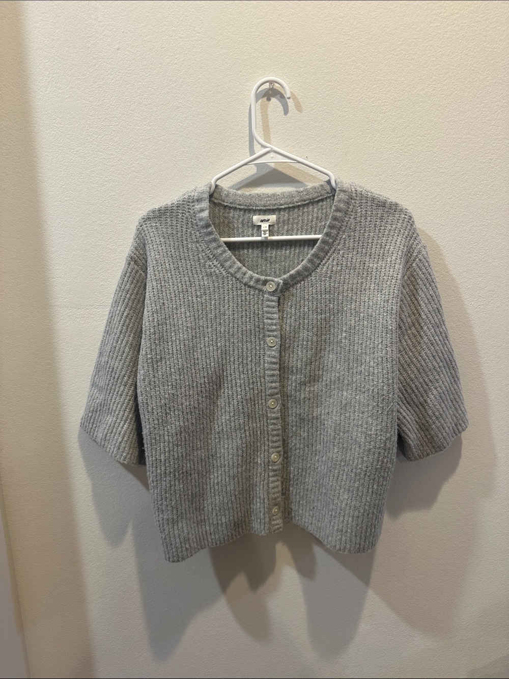 aerie Gray Ribbed Short-Sleeve Button-Front Cardigan